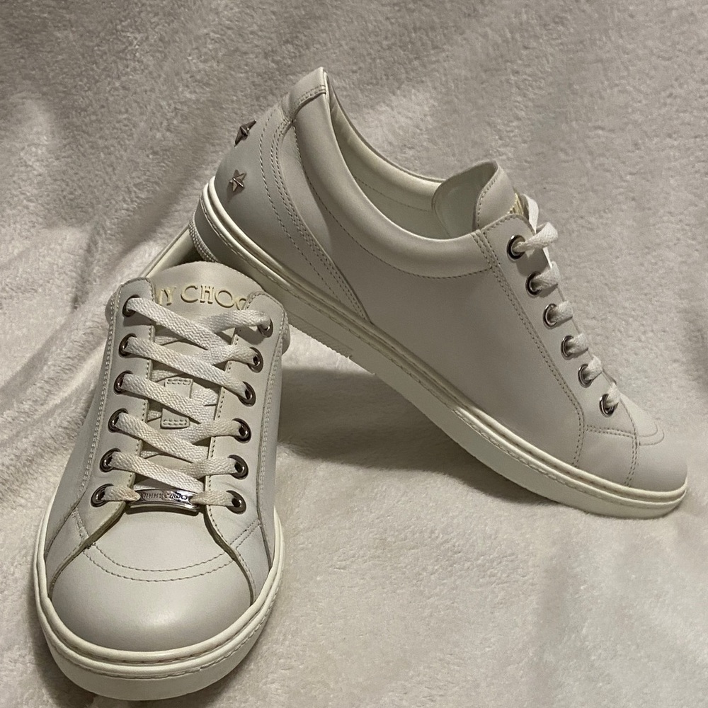 Jimmy Choo Off-White Leather Low-Top Sneakers with Silver Accents